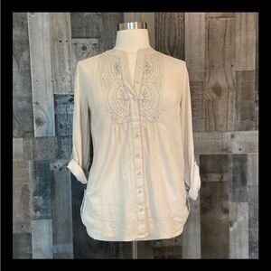 Style & Co. cream button up blouse medium Henley neutral beaded coastal cowgirl